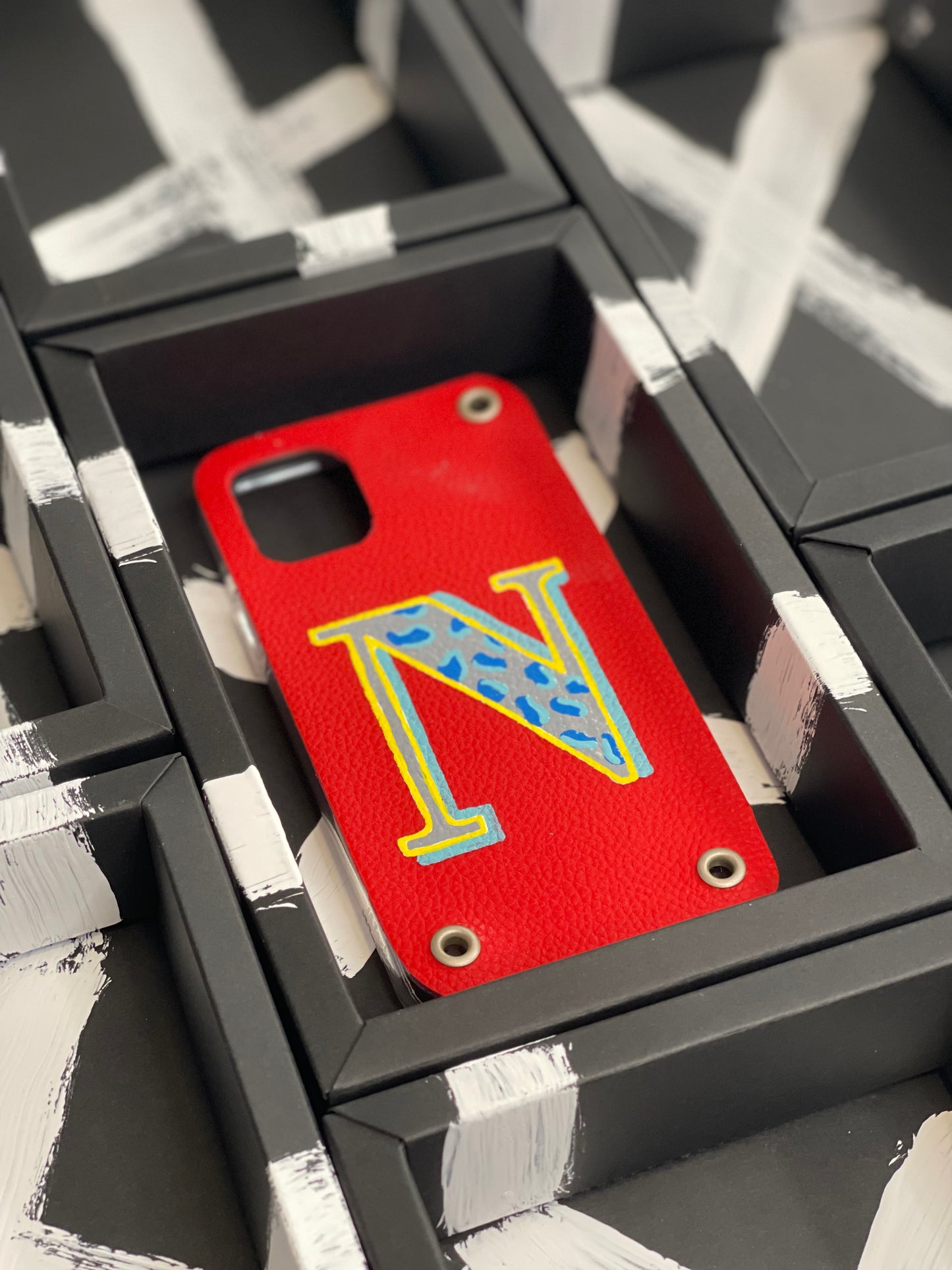 Hand painted Leather Phone Case with Initial N