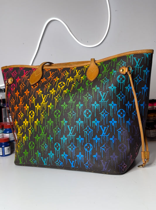 Hand Painted Monogramming on Preowned Authentic LV NEVERFUL Tote GM in the Monogram Canvas.
