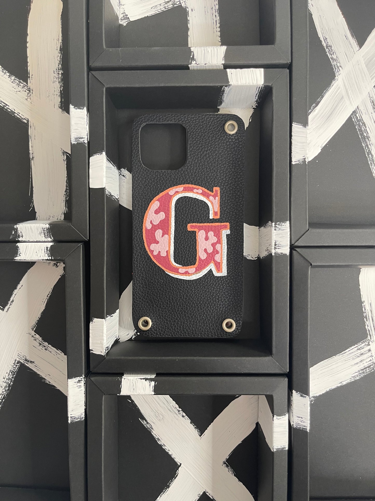Hand painted Leather Phone Case with Initial G