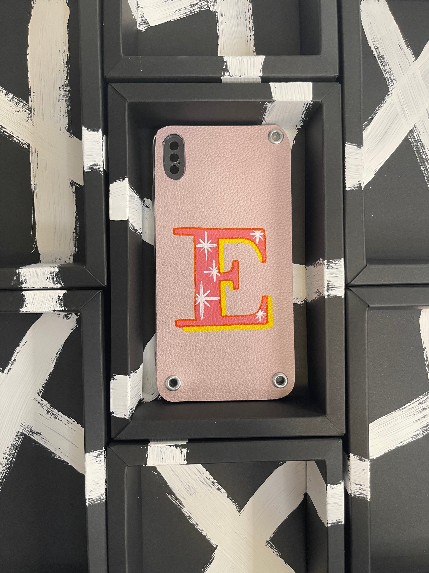 Hand painted Leather Phone Case with Initial E