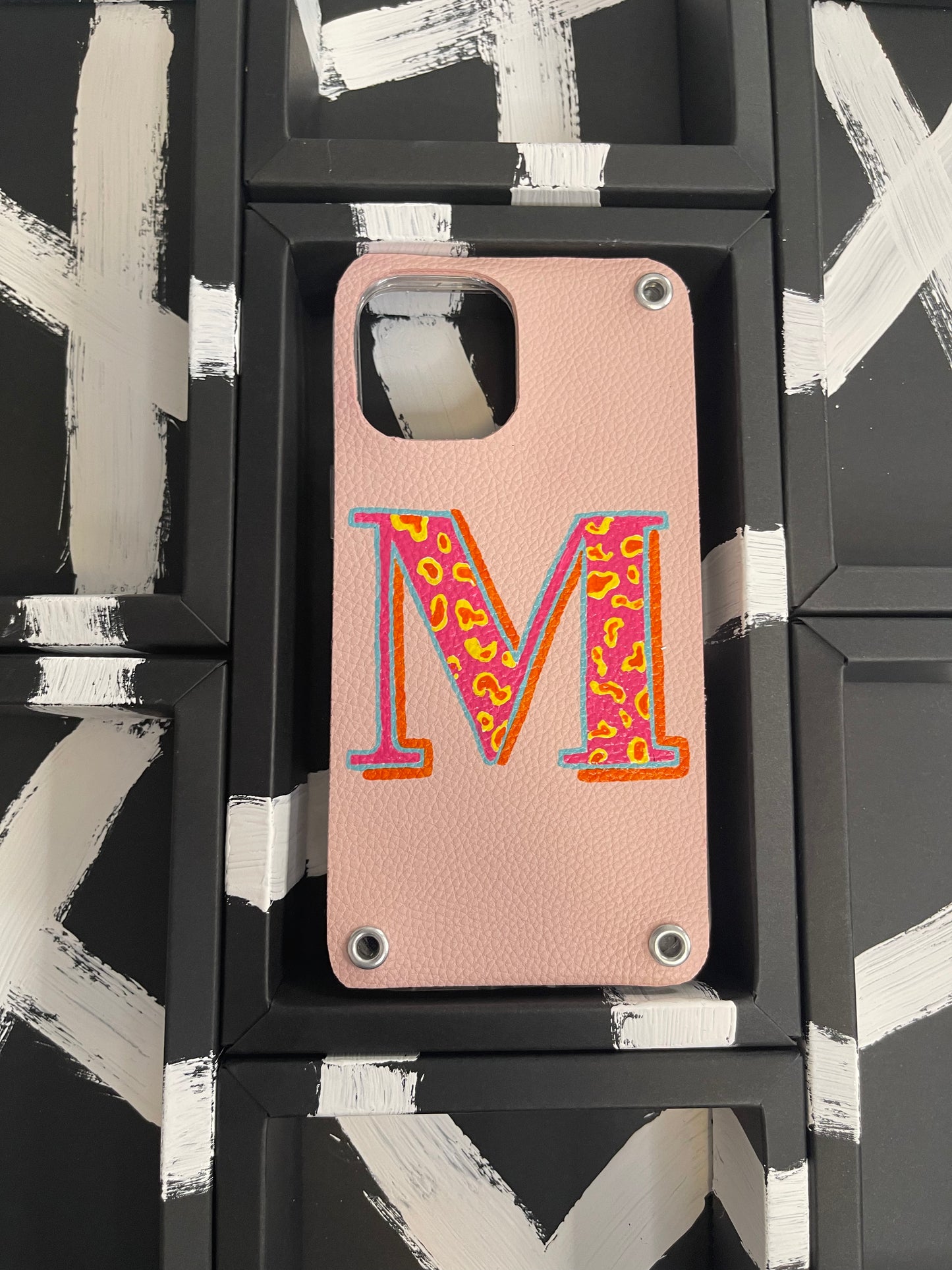 Hand painted Leather Phone Case with Initial M