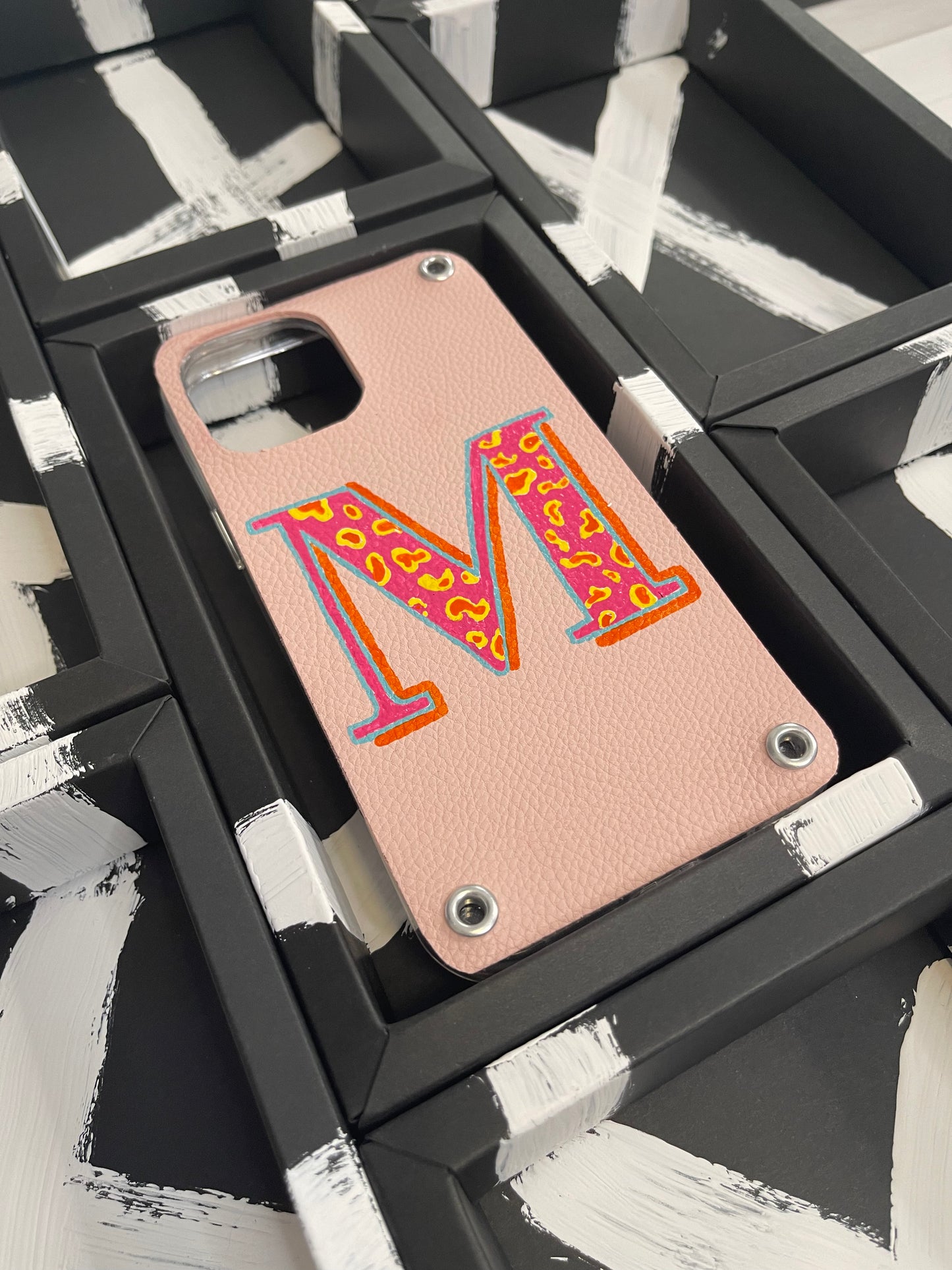 Hand painted Leather Phone Case with Initial M